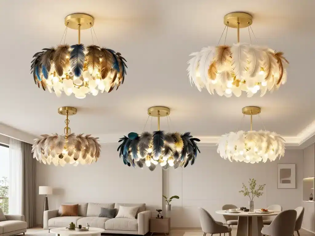lustre en plume différents styles selon pièce et couleurs