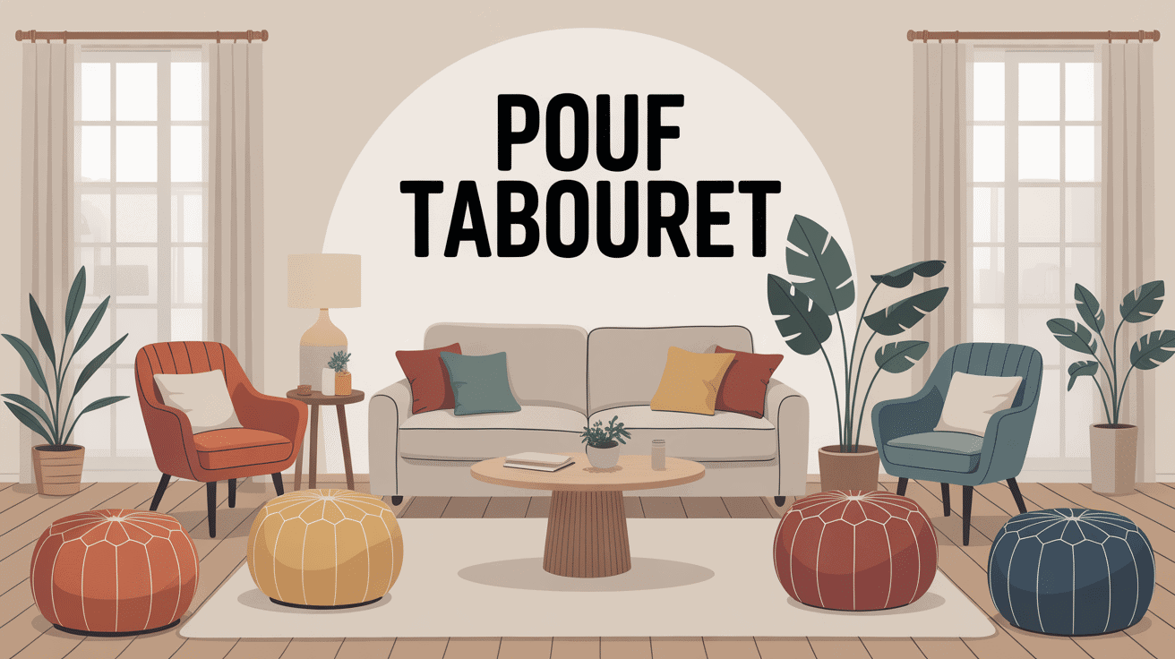 Poufs tabourets tendances disposés dans un salon cosy