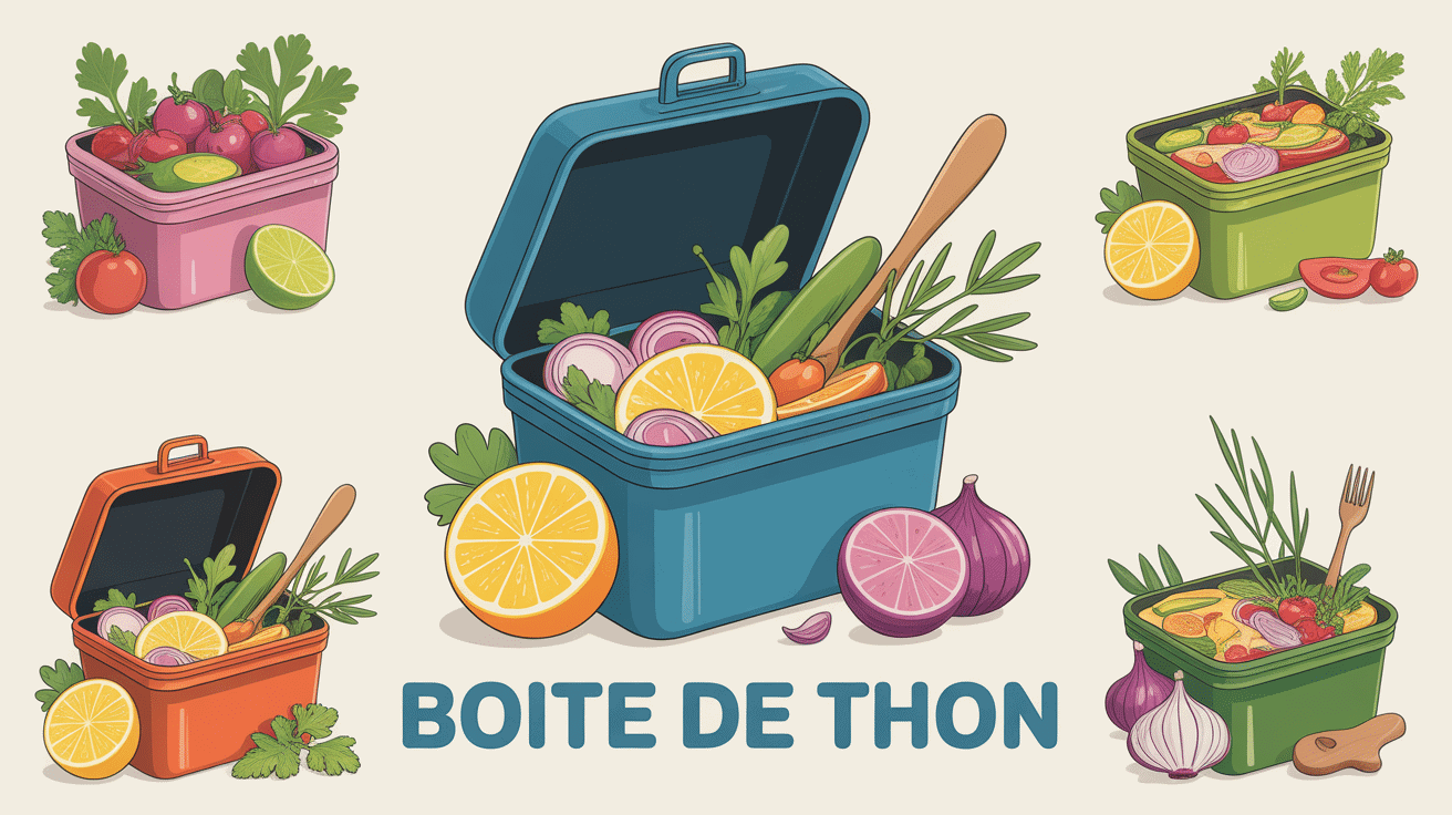 Boite thon centrale stylisée avec ingrédients frais