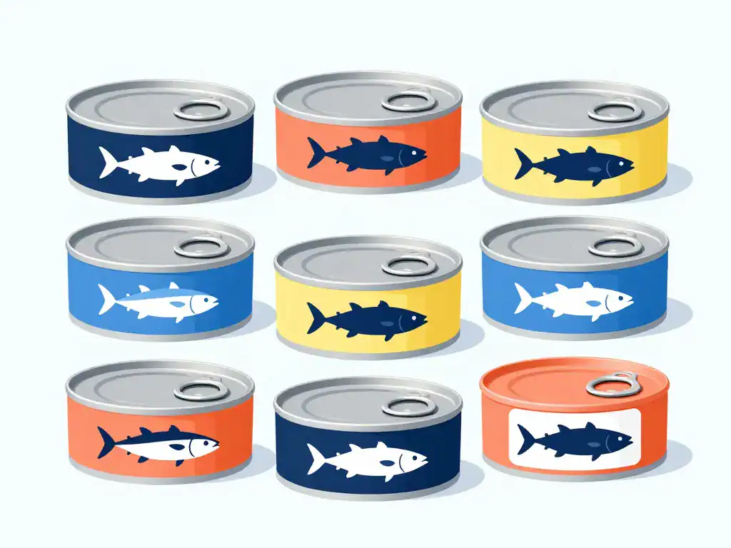 Différentes boites thon et labels minimalistes