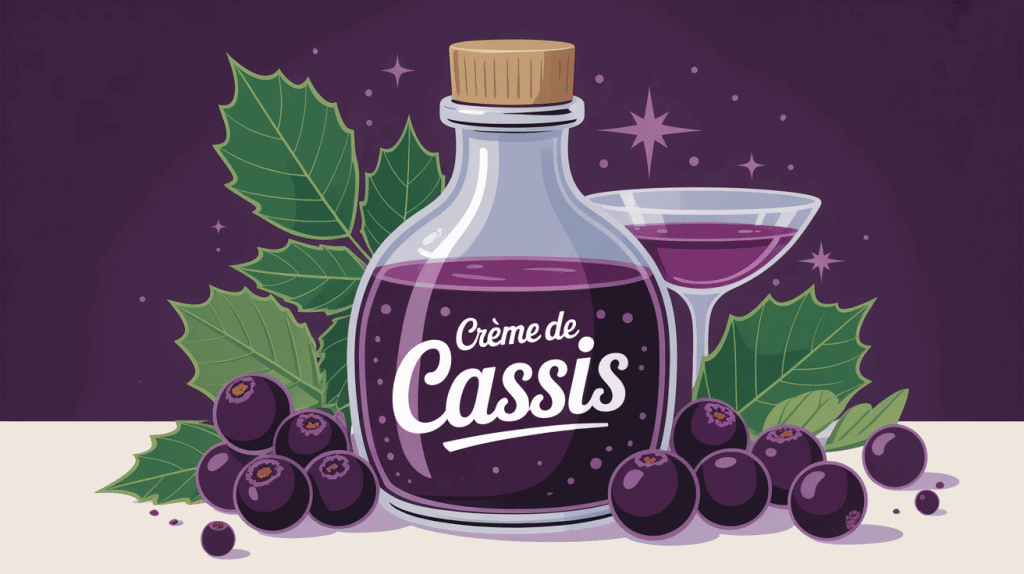 Illustration crème de cassis bouteille et baies pour cocktail