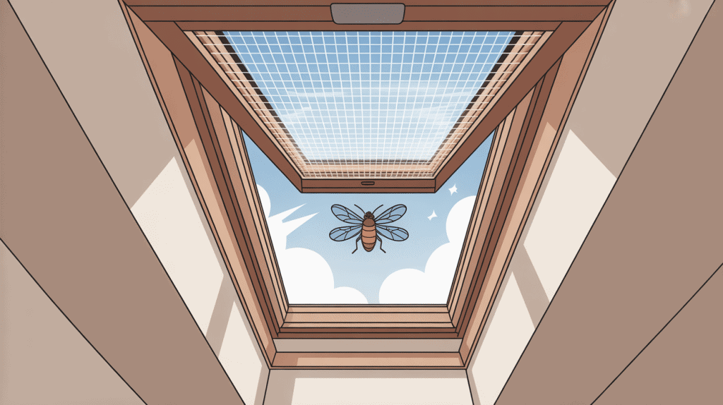 moustiquaire velux installée dans un comble lumineux