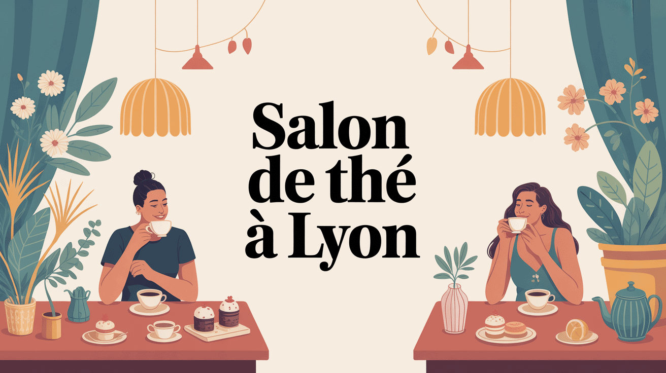 Illustration salon de thé Lyon cosy avec pâtisseries et ambiance chaleureuse