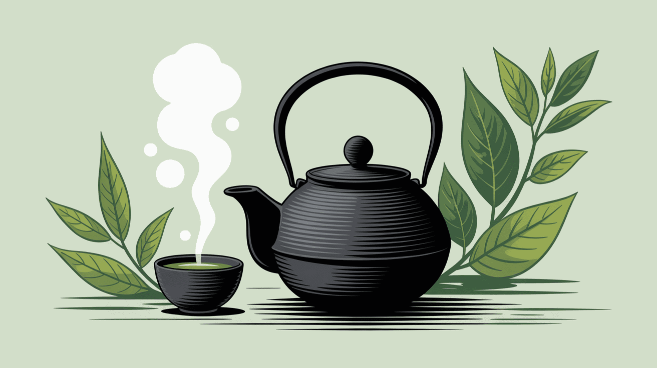 illustration thé vert sencha théière japonaise feuilles vapeur