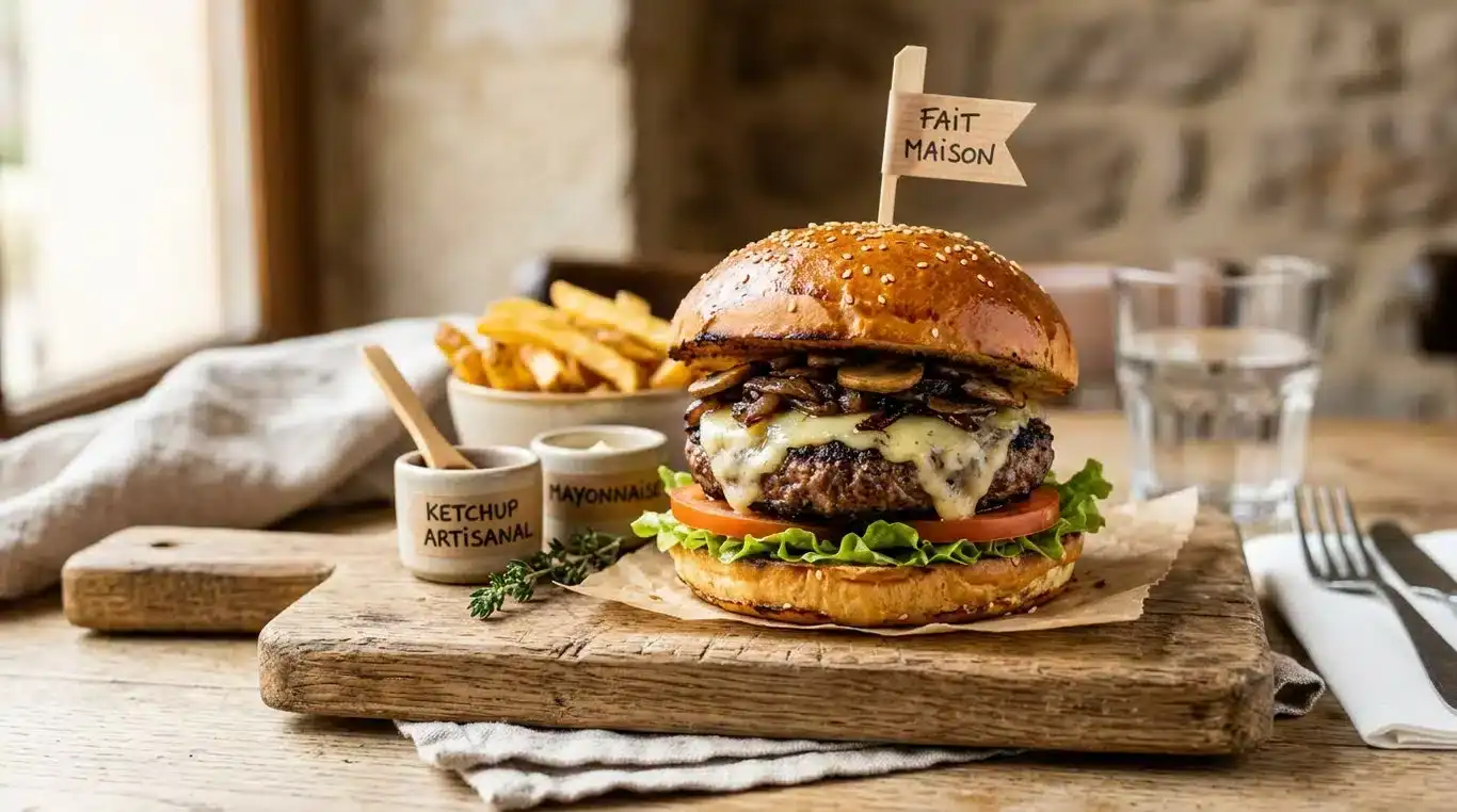 Burger Cantalien maison avec fromage Cantal et oignons caramélisés