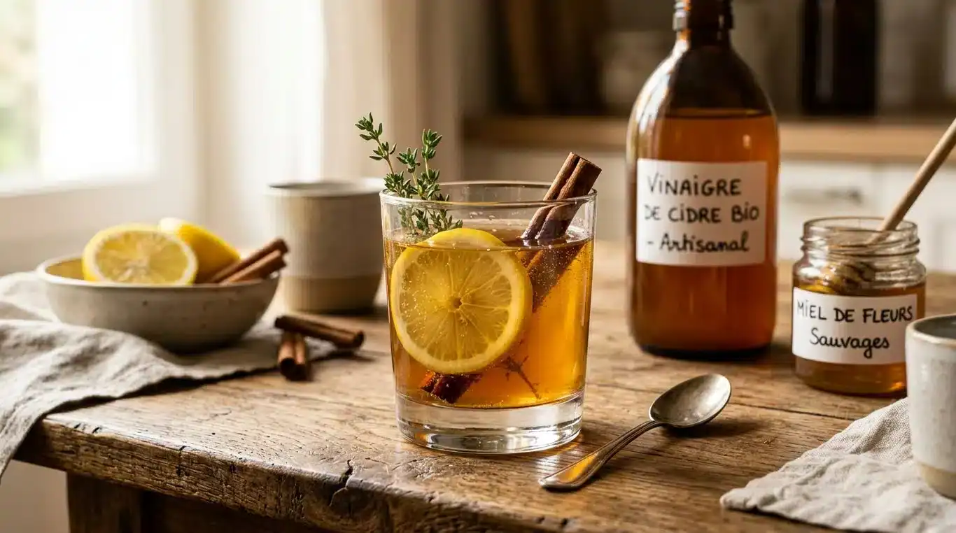 Boisson tonique au vinaigre de cidre, miel et citron