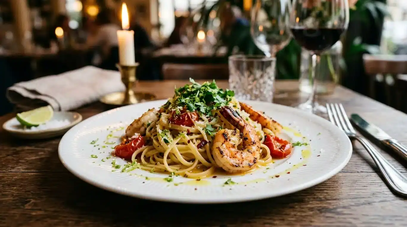 Assiette de linguine aux gambas pour un dîner en amoureux