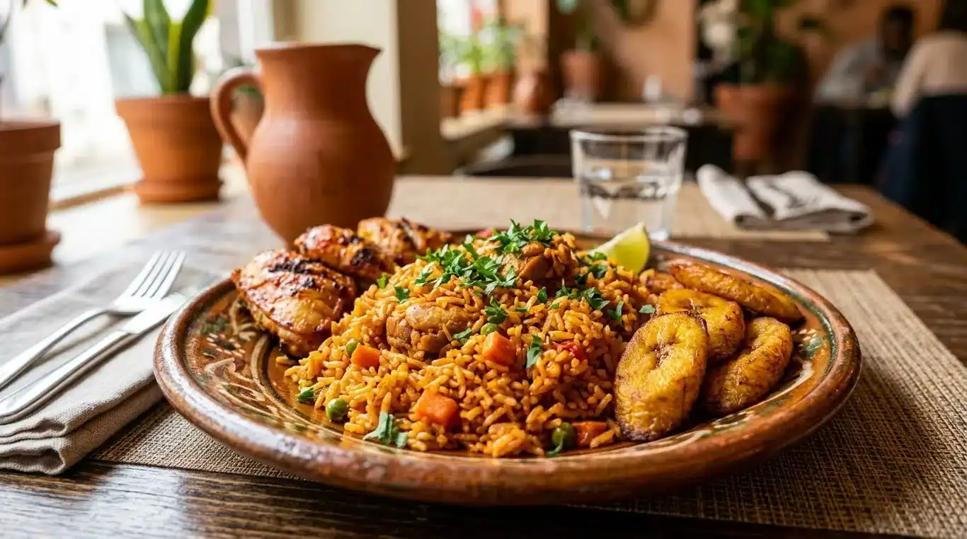 Plat de riz rouge africain (Jollof rice) accompagné de bananes plantains