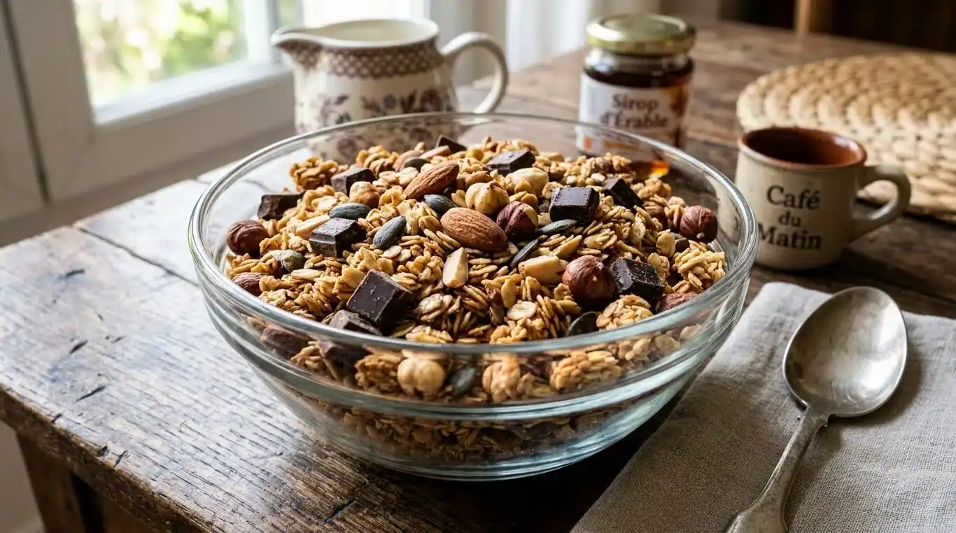 Bol de granola maison aux éclats de chocolat et fruits secs