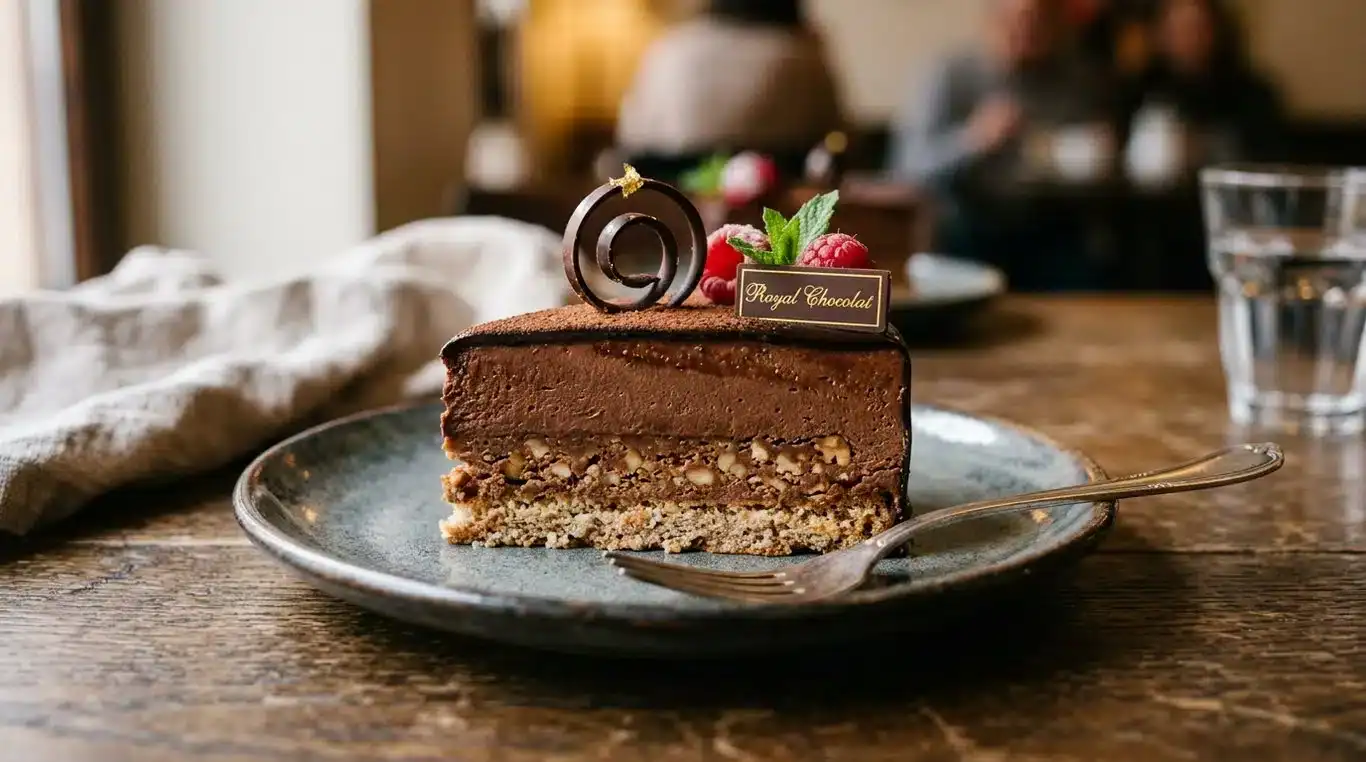 Royal Chocolat dessert avec ses couches de dacquoise, croustillant praliné et mousse au chocolat