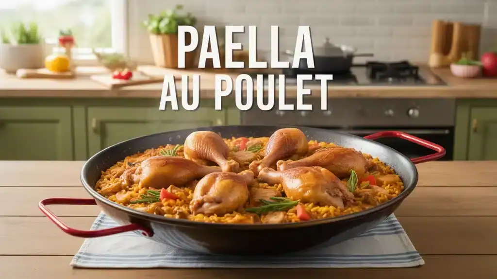 Paella au poulet avec riz safrané et légumes colorés dans une poêle ronde