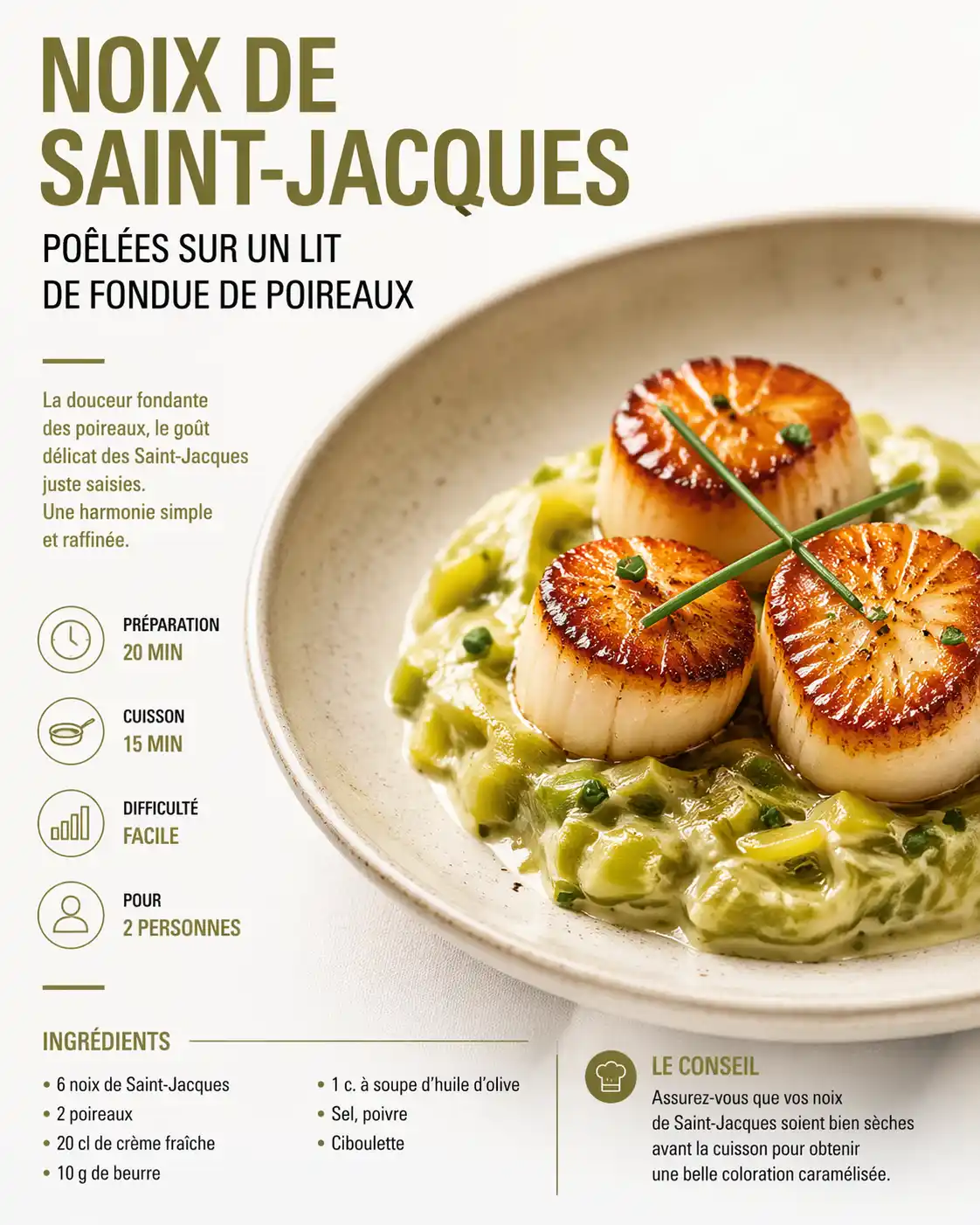 Noix de Saint-Jacques poêlées sur fondue de poireaux