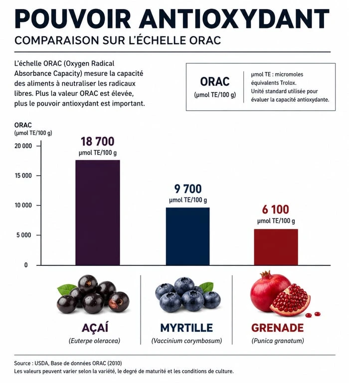 Infographie comparative du pouvoir antioxydant de l'açai et des fruits rouges