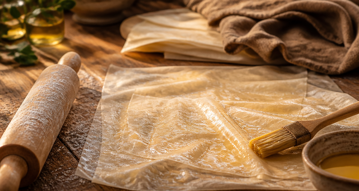 Feuilles de pâte filo maison étalées sur table