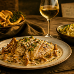 Poulet girolles crème vin blanc assiette élégante