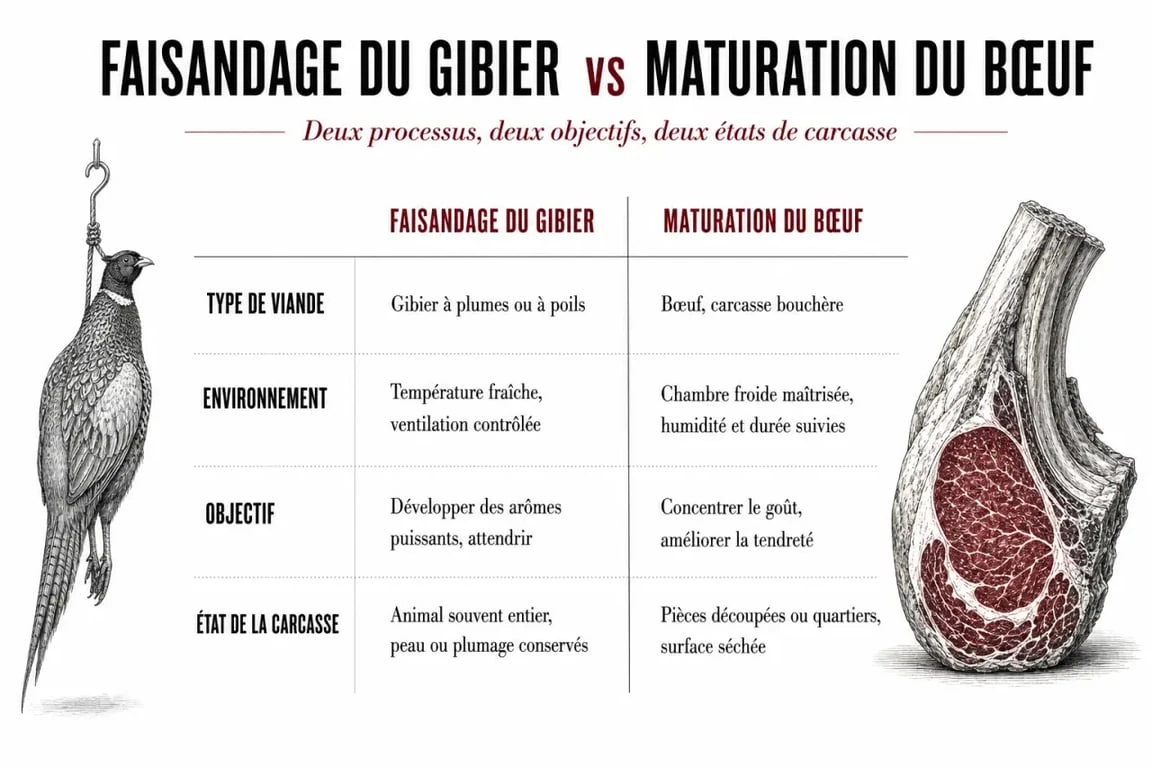 Infographie comparative entre le faisandage de la viande de gibier et la maturation du bœuf