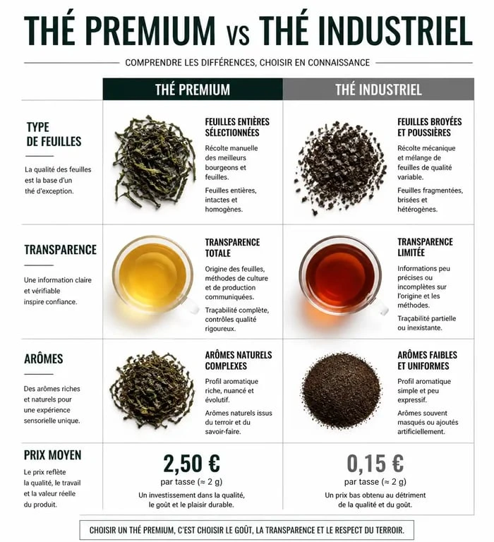Infographie comparative des critères de qualité entre une marque de thé premium et une marque industrielle pour choisir la meilleure marque de thé.