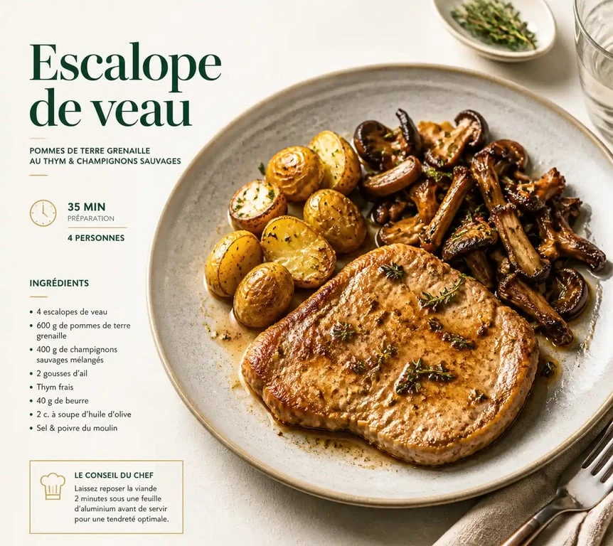 Escalope de veau accompagnée de pommes de terre et champignons, idée d'accompagnement pour escalope de veau