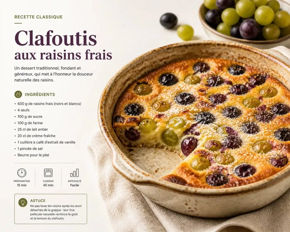 Clafoutis fondant aux raisins frais, une recette au raisin gourmande et facile à réaliser.