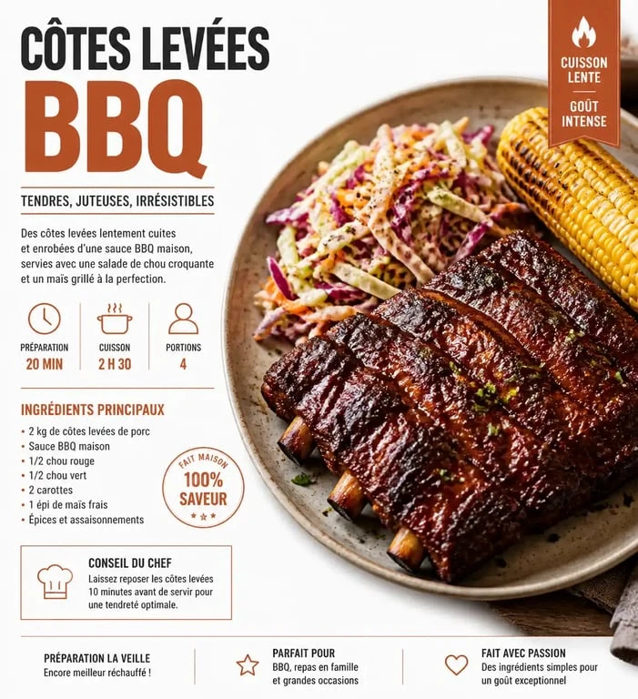 Assiette de travers de porc grillés avec accompagnement de coleslaw et maïs pour un barbecue réussi