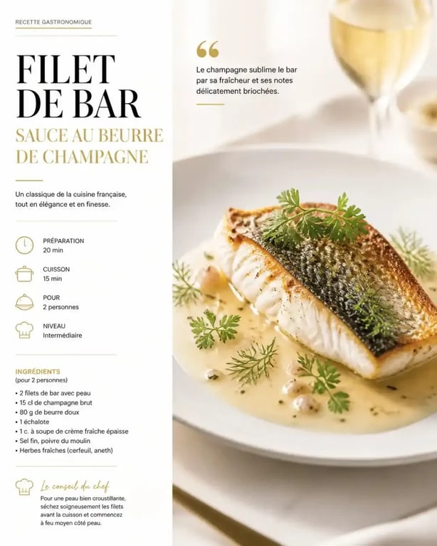 Filet de bar au beurre de Champagne, accord mets-vin idéal pour le Champagne Tradition de Delagne