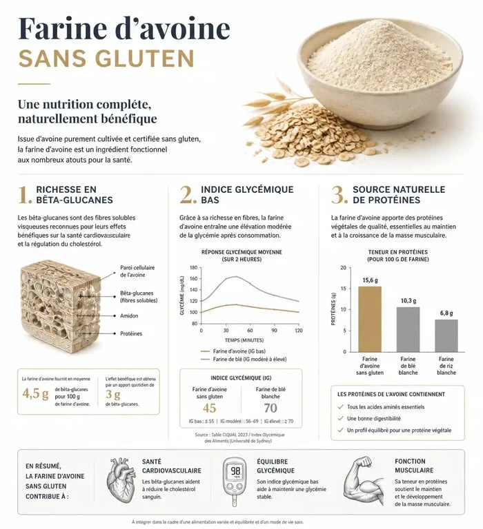 Infographie nutritionnelle comparant les bienfaits de la farine d'avoine sans gluten pour la santé