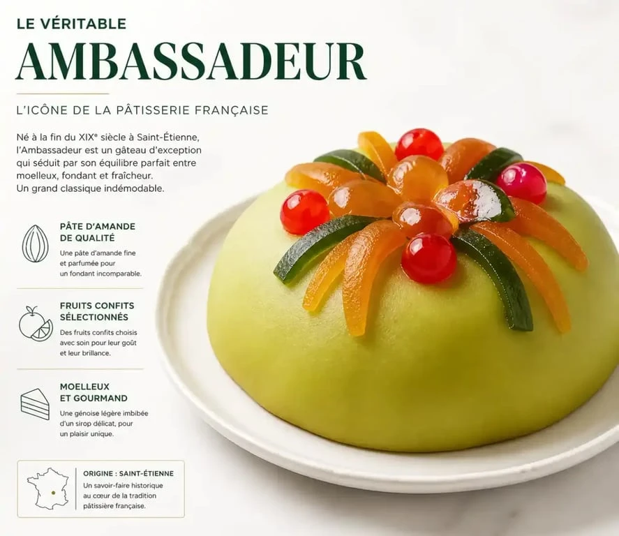 Gâteau Ambassadeur traditionnel avec son dôme de pâte d'amande verte et ses fruits confits