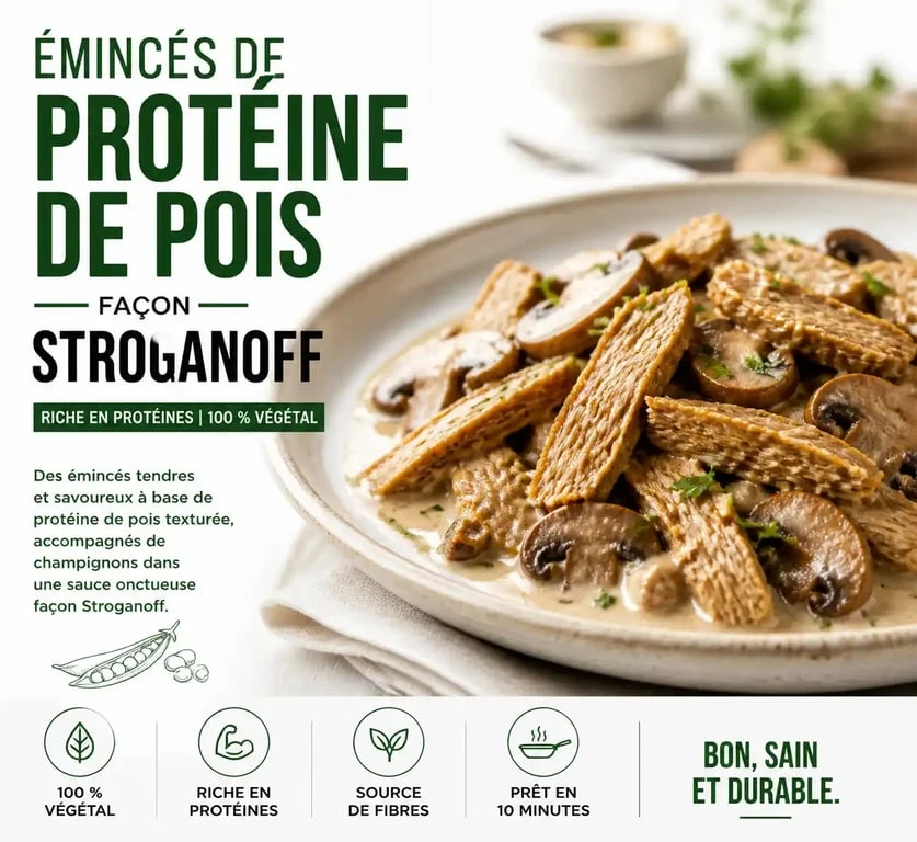 Émincés de protéine de pois texturée façon Stroganoff, une alternative végétale savoureuse et riche en protéines.