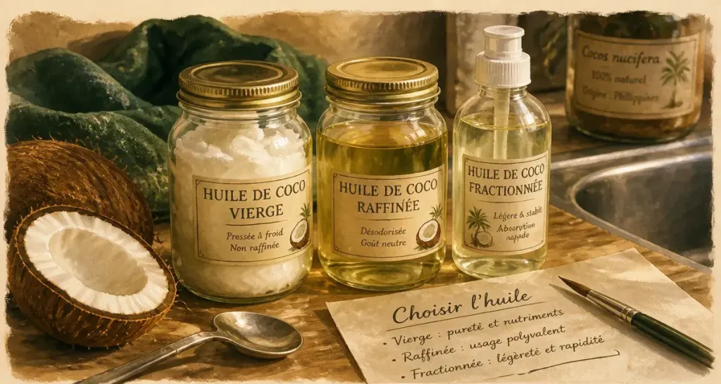 Huile de noix de coco : 3 variantes, point de fumée à 177°C et usages à éviter