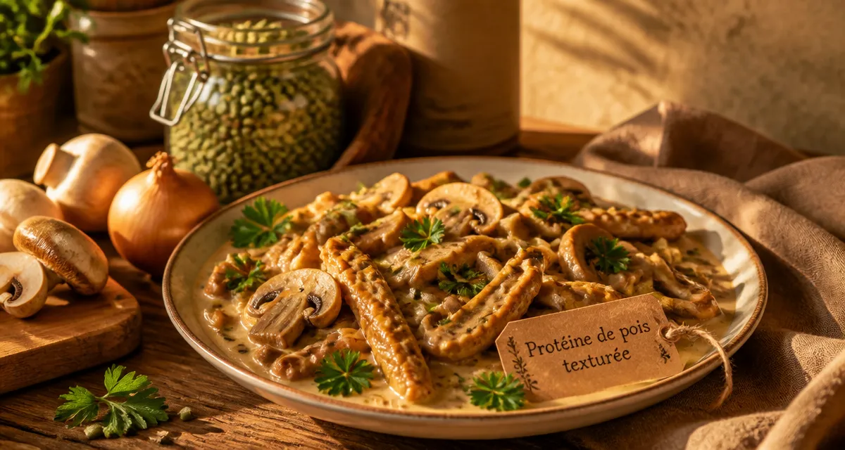 stroganoff vegetal avec proteine de pois texture