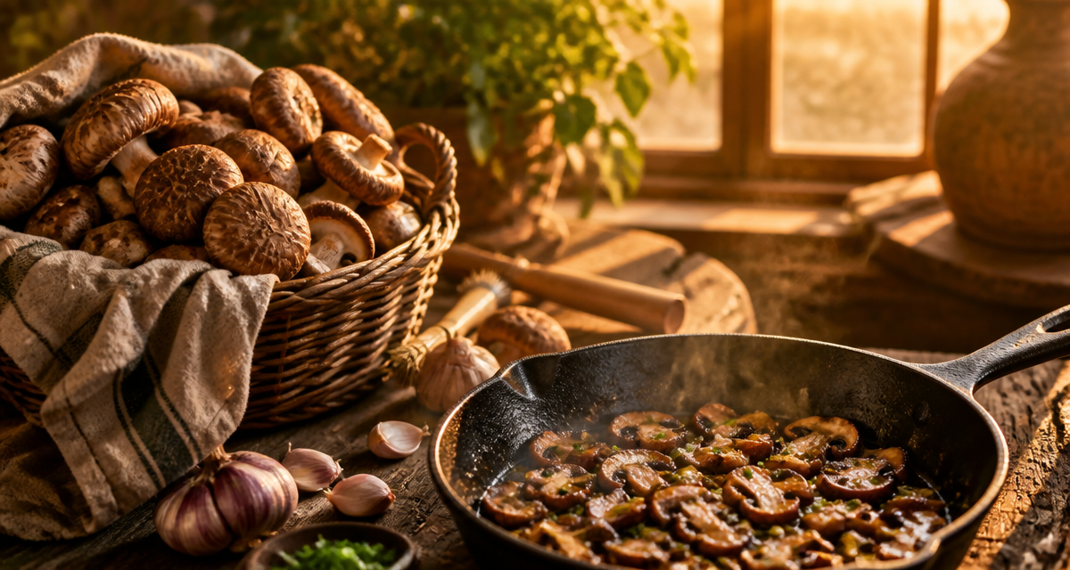 shiitakes recettes en cuisine sur table rustique