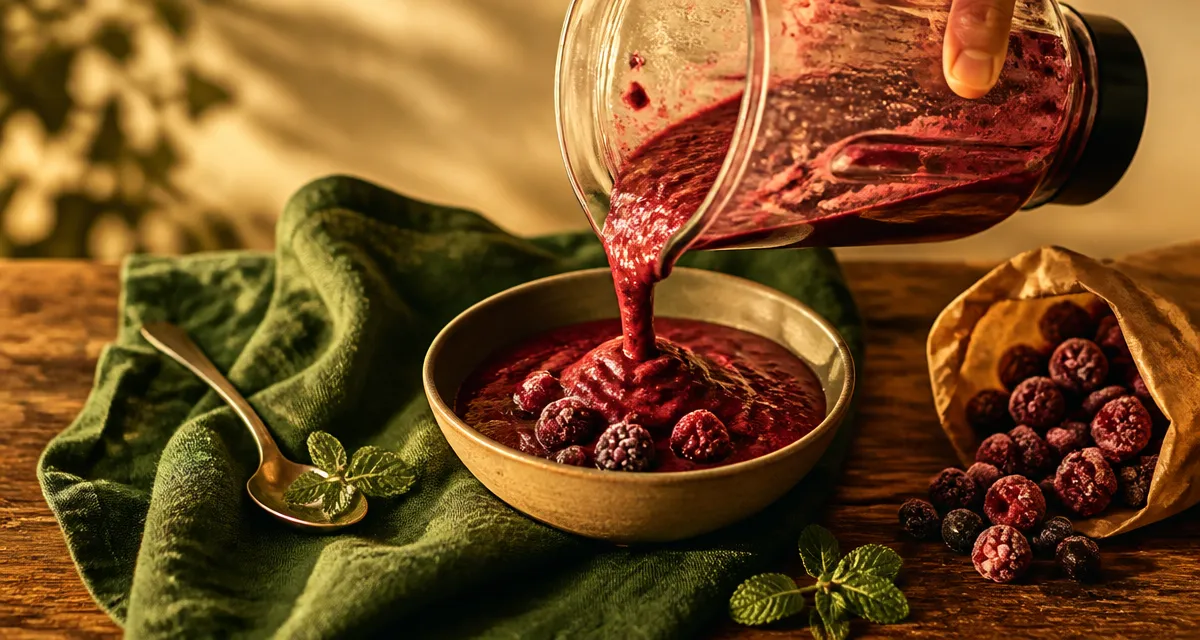 Smoothie fruits rouges surgelés, texture épaisse au blender