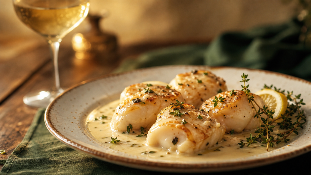 Lotte raffinée : cuisson nacrée, sauce au vin blanc et dressage élégant