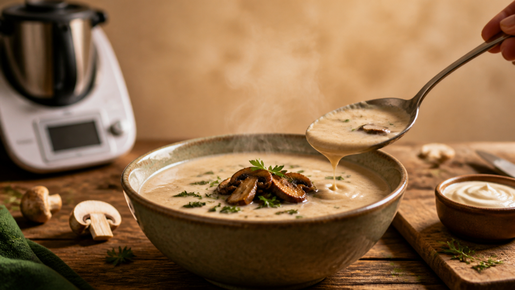 Velouté de champignons thermomix onctueux, bol fumant et persil