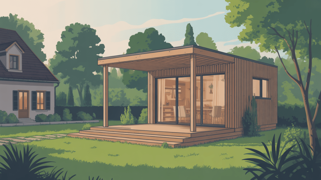 appenti en bois moderne attenant à une maison, lumière douce, ambiance chaleureuse