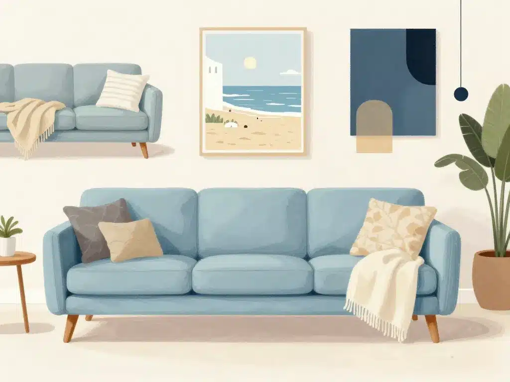 canapé bleu ciel exemples styles décoration