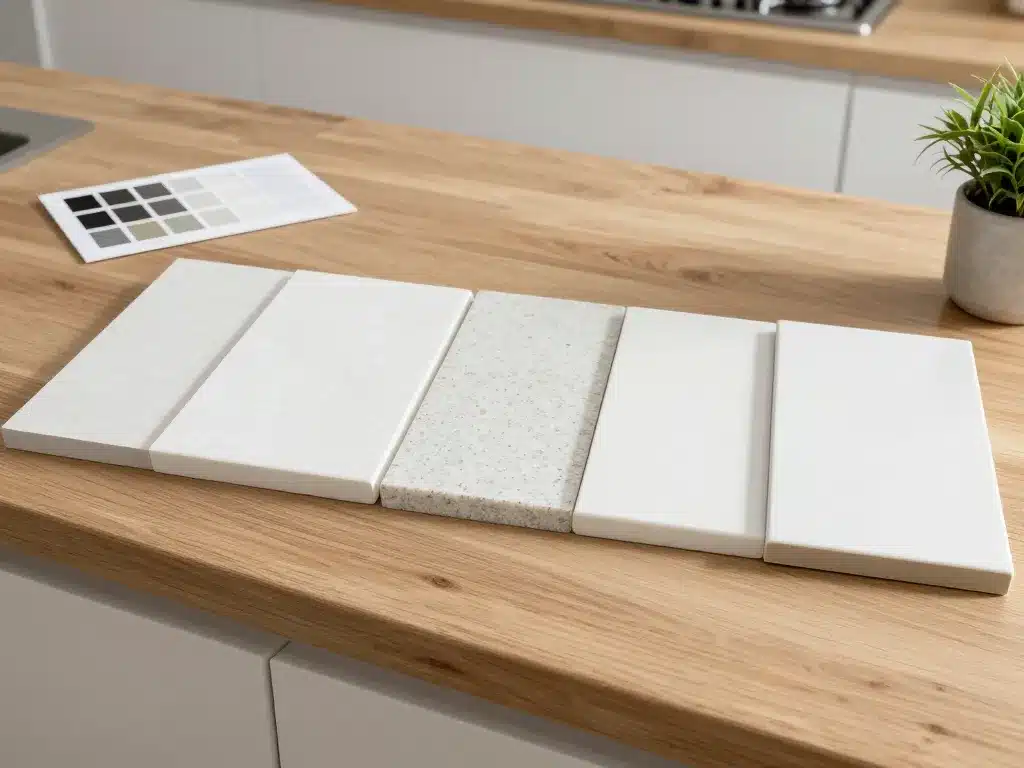 Matériaux finitions cuisine bois plan de travail blanc échantillons