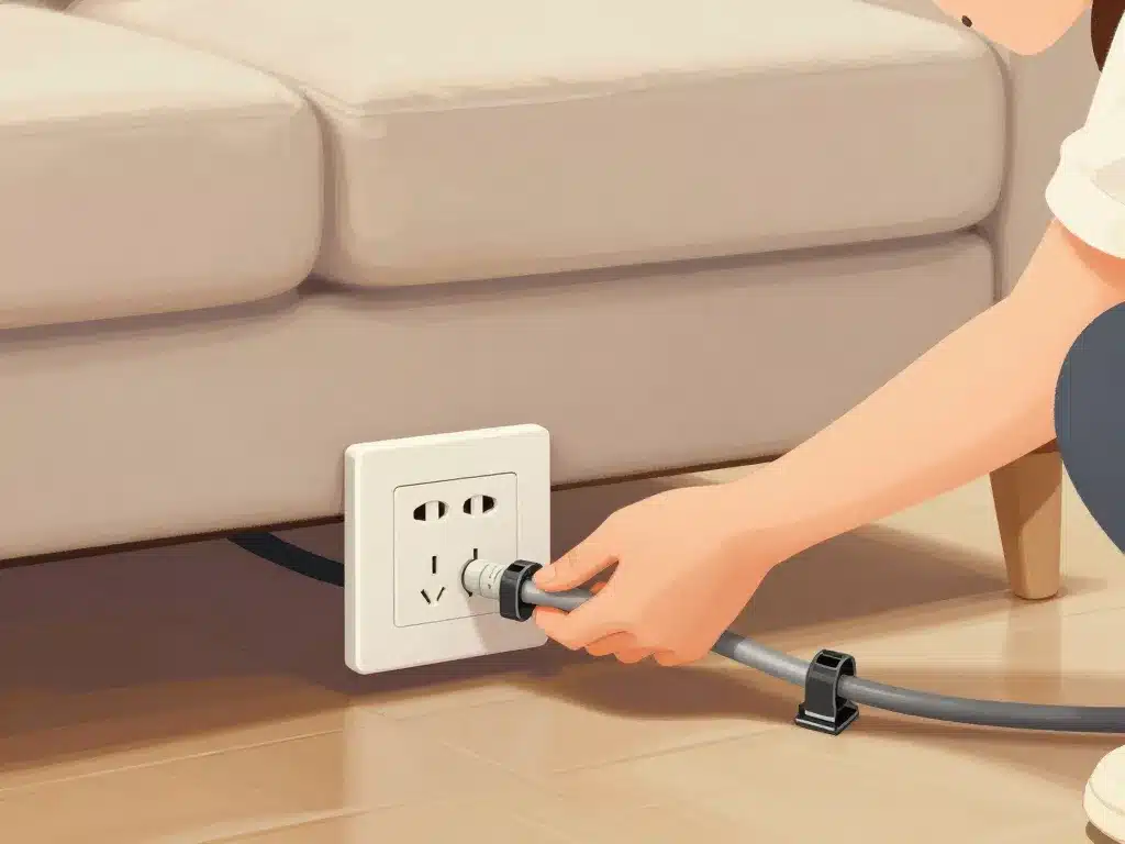 installation sécurisée prise electrique pour canapé avec gestion câbles