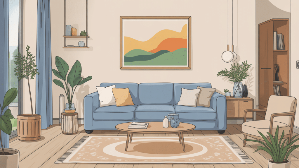 Salon canape bleu moderne avec deco chaleureuse