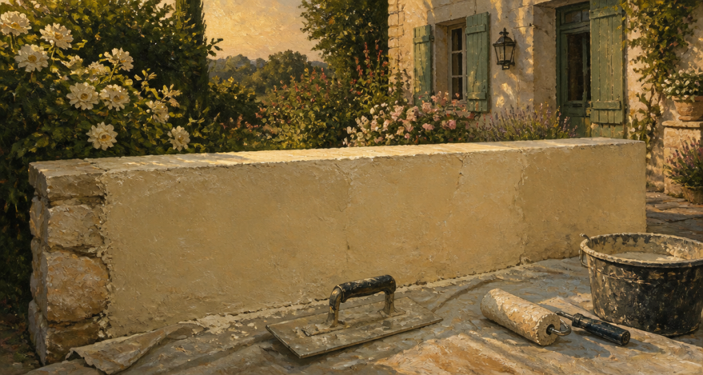 crépi muret outils bâche jardin