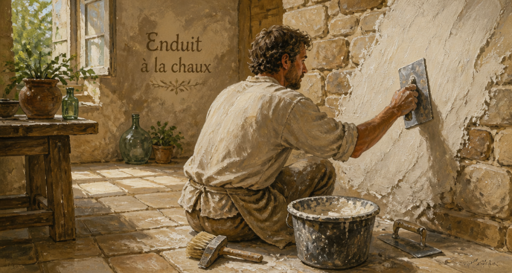 enduit à la chaux aérienne sur mur en pierre