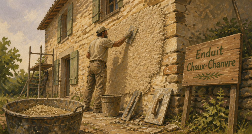 enduit chaux chanvre exterieur application mur pierre