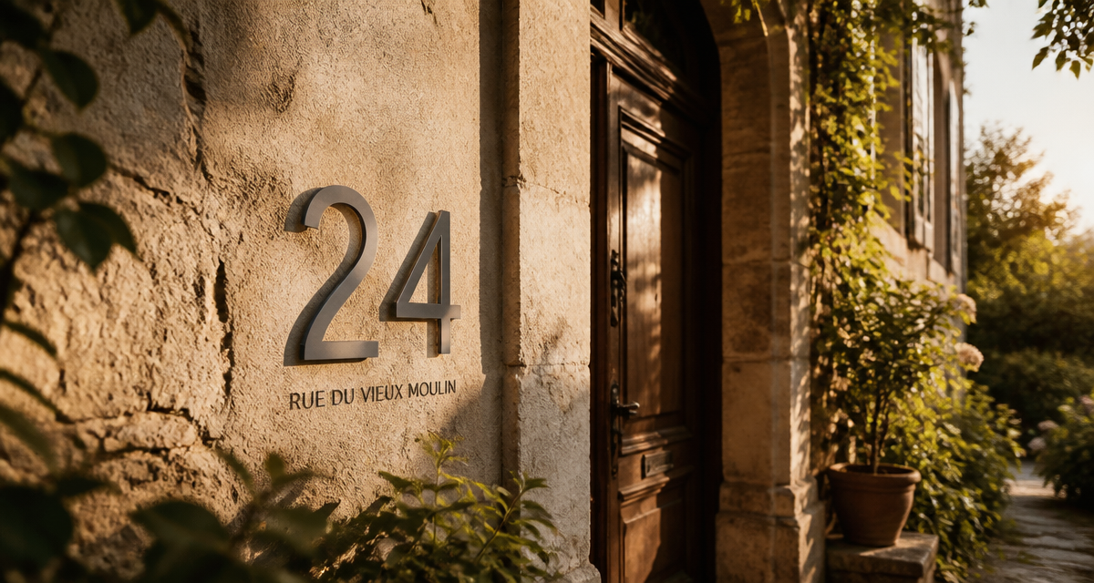 numero de maison design aluminium sur mur pierre