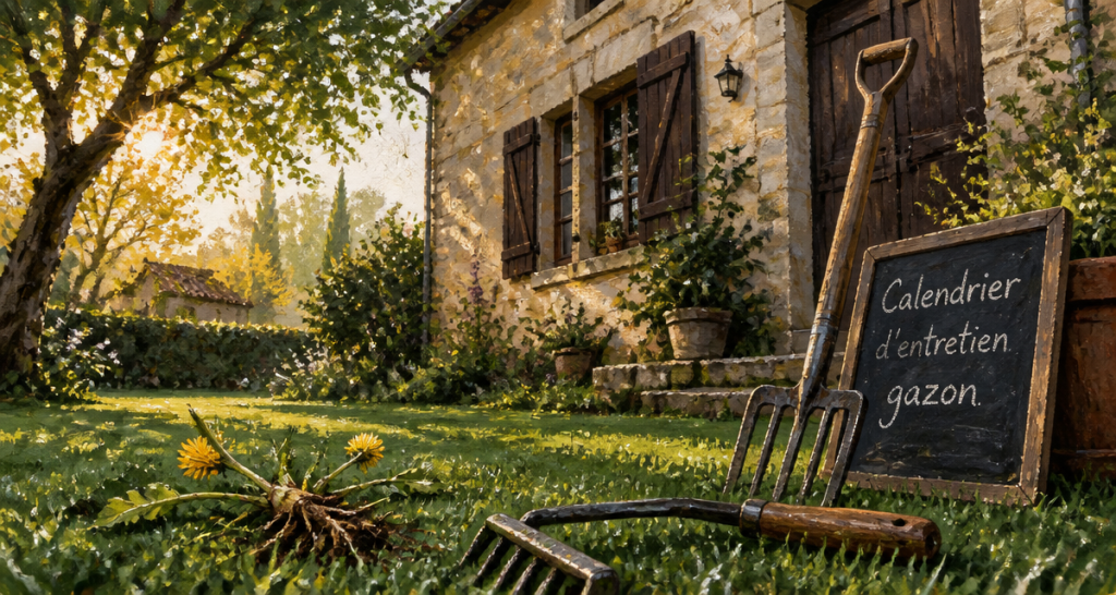 quand traiter la pelouse contre les mauvaises herbes, outils sur gazon