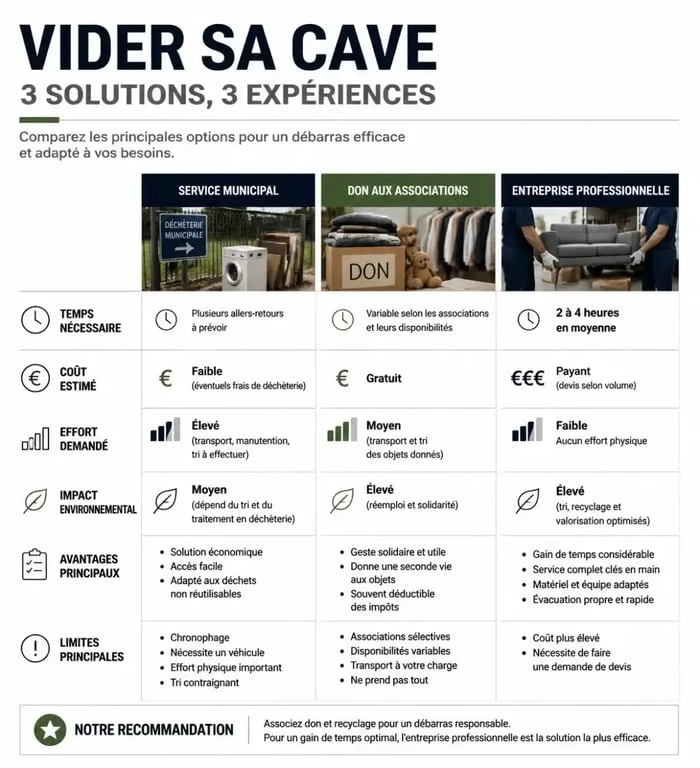 Infographie comparative des solutions pour vider sa cave : service municipal, associations et professionnels