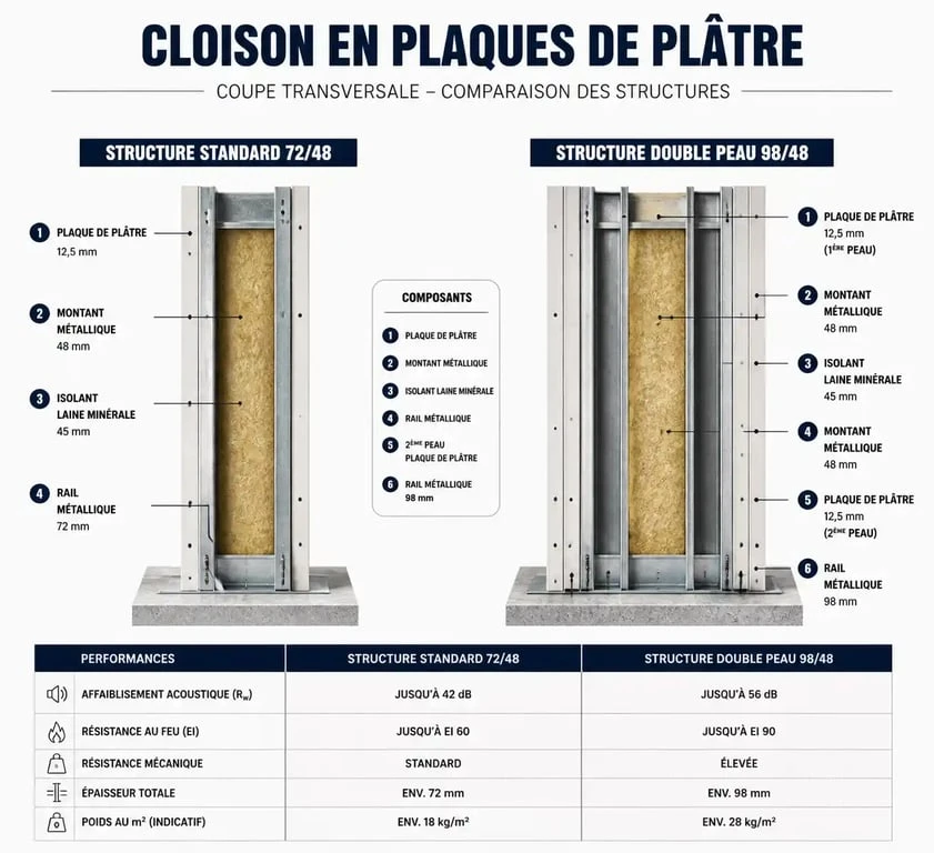Schéma technique comparatif de l'épaisseur d'une cloison en Placo 72/48 et 98/48