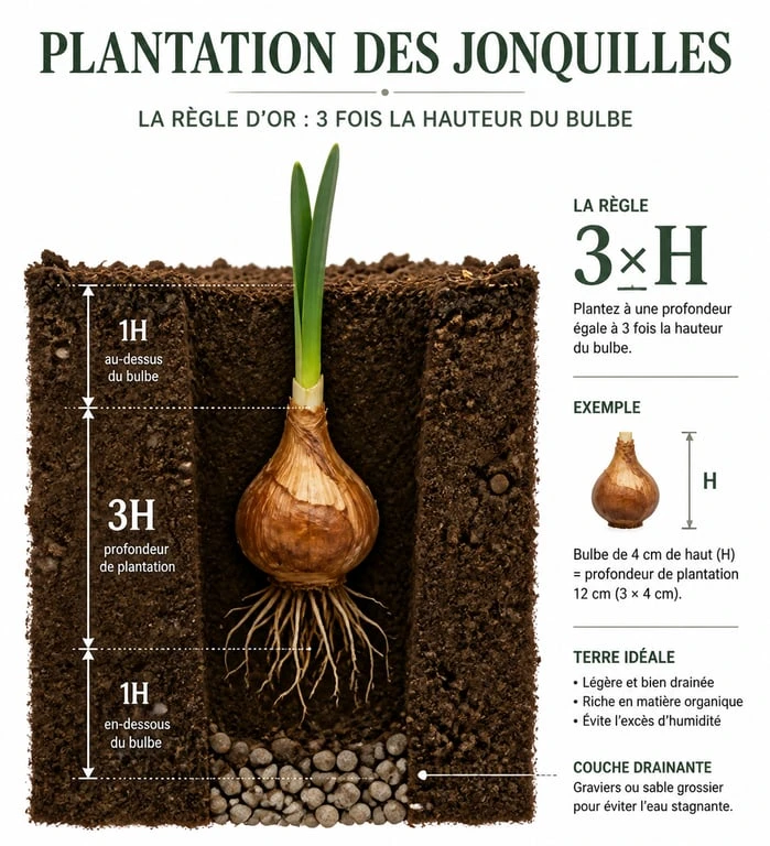 Schéma illustrant la profondeur idéale pour planter des jonquilles dans le jardin