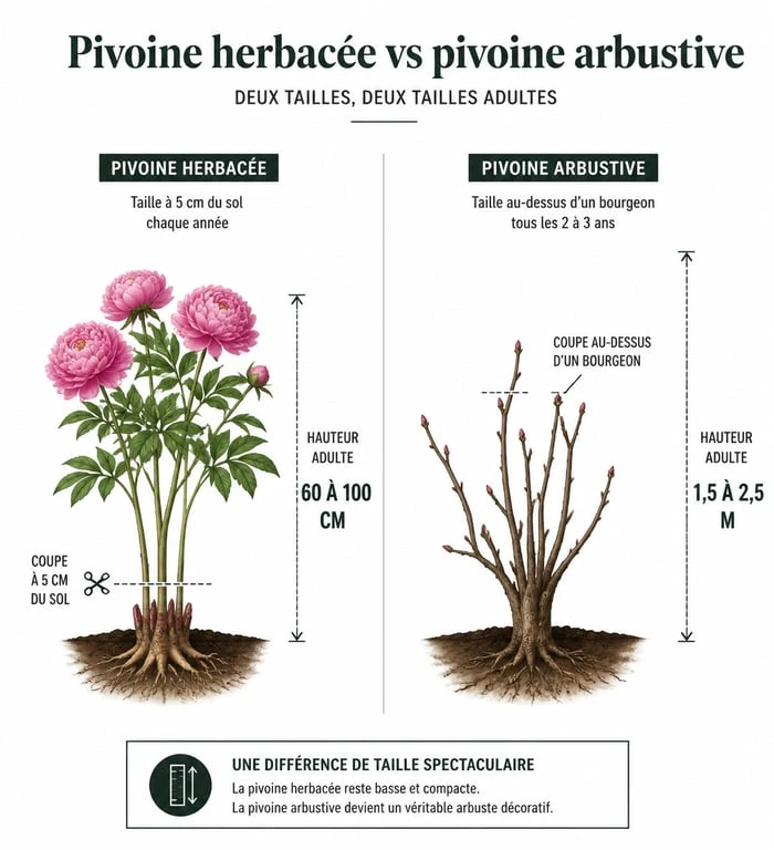 Schéma explicatif sur quand et comment tailler les pivoines herbacées et arbustives