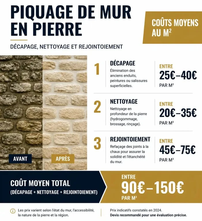 Infographie des prix au m2 pour le piquage d'un mur en pierre et rénovation de façade