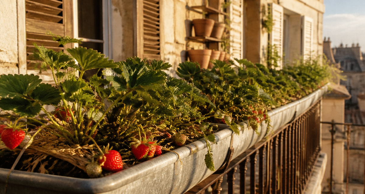 Plantation fraisier en hauteur dans gouttières sur balcon